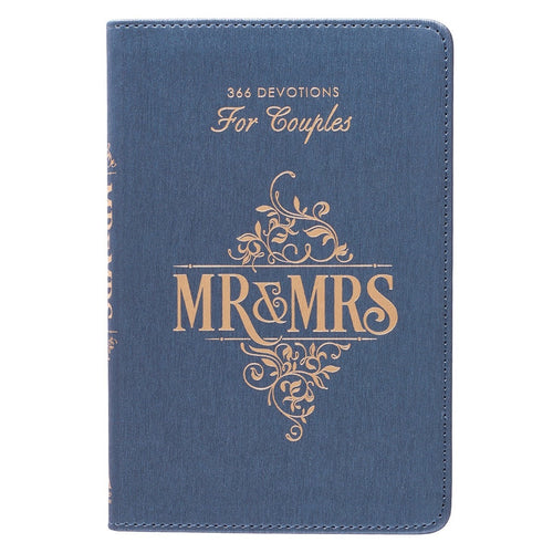 Blue faux leather devotional book titled Mr. & Mrs. 366 Devotions for Couples with gold embossed lettering and decorative design