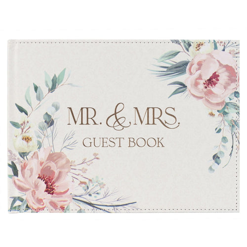 Medium faux leather wedding guest book with peachy-pink floral design and elegant MR & MRS gold foil lettering