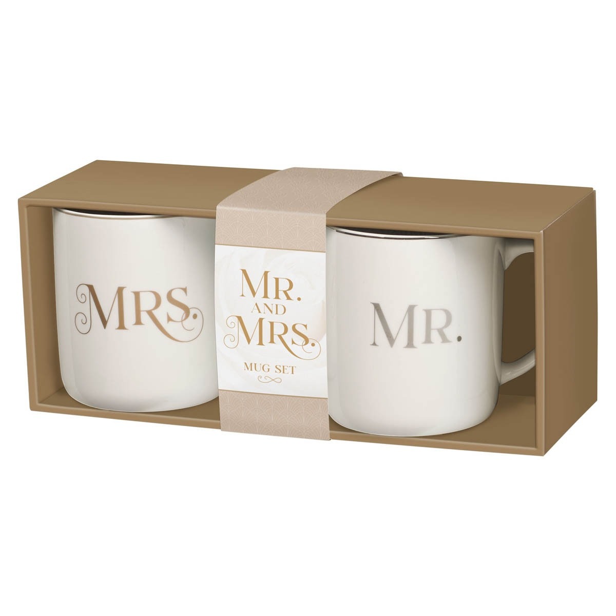 Set of two white ceramic coffee mugs with gold "Mr." and "Mrs." lettering packaged in tan gift box with scripture reference band