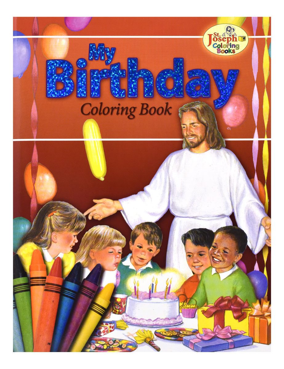 My Birthday Coloring Book with Jesus and children celebrating a birthday with cake, balloons, crayons, and gifts