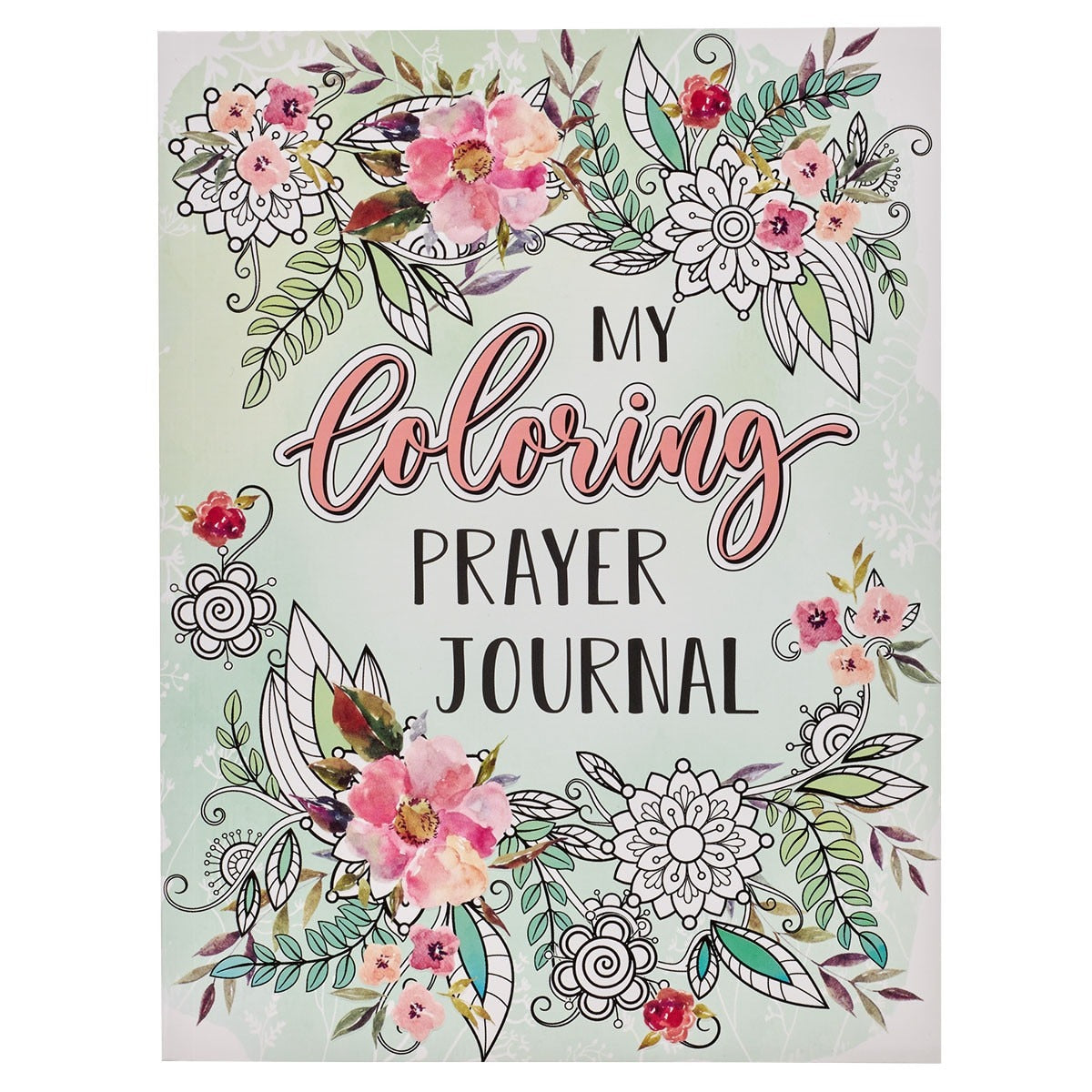 My Coloring Prayer Journal cover with floral watercolor accents and intricate black and white line art designs
