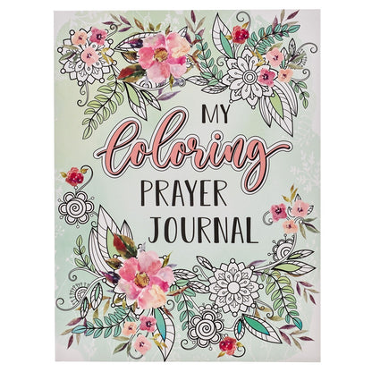 My Coloring Prayer Journal cover with floral watercolor accents and intricate black and white line art designs