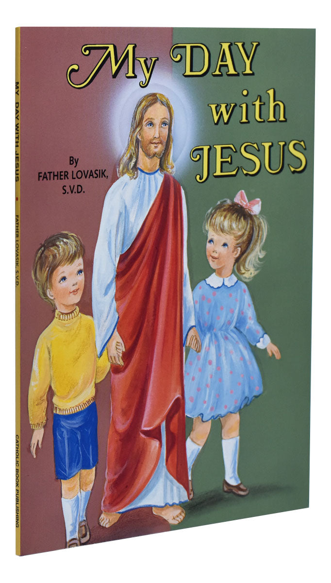 My Day with Jesus children's book cover by Father Lovasik with illustrated Jesus and two children holding hands