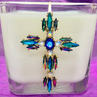 Myrrh Iridescent Jeweled Cross Candle 3 1/2" - Unique Catholic Gifts