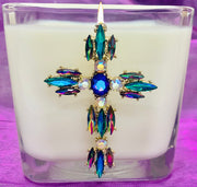 Myrrh Iridescent Jeweled Cross Candle 3 1/2" - Unique Catholic Gifts
