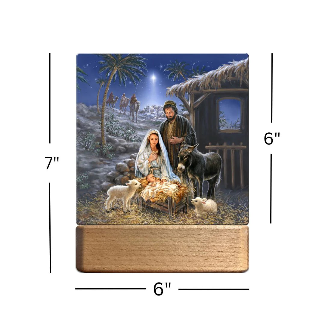 Nativity scene tabletop ornament plaque nightlight with Mary, Joseph, baby Jesus, animals, and three wise men background