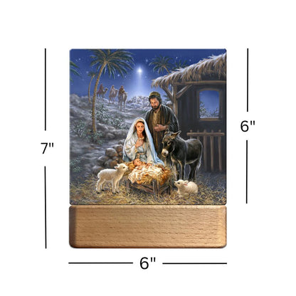 Nativity scene tabletop ornament plaque nightlight with Mary, Joseph, baby Jesus, animals, and three wise men background