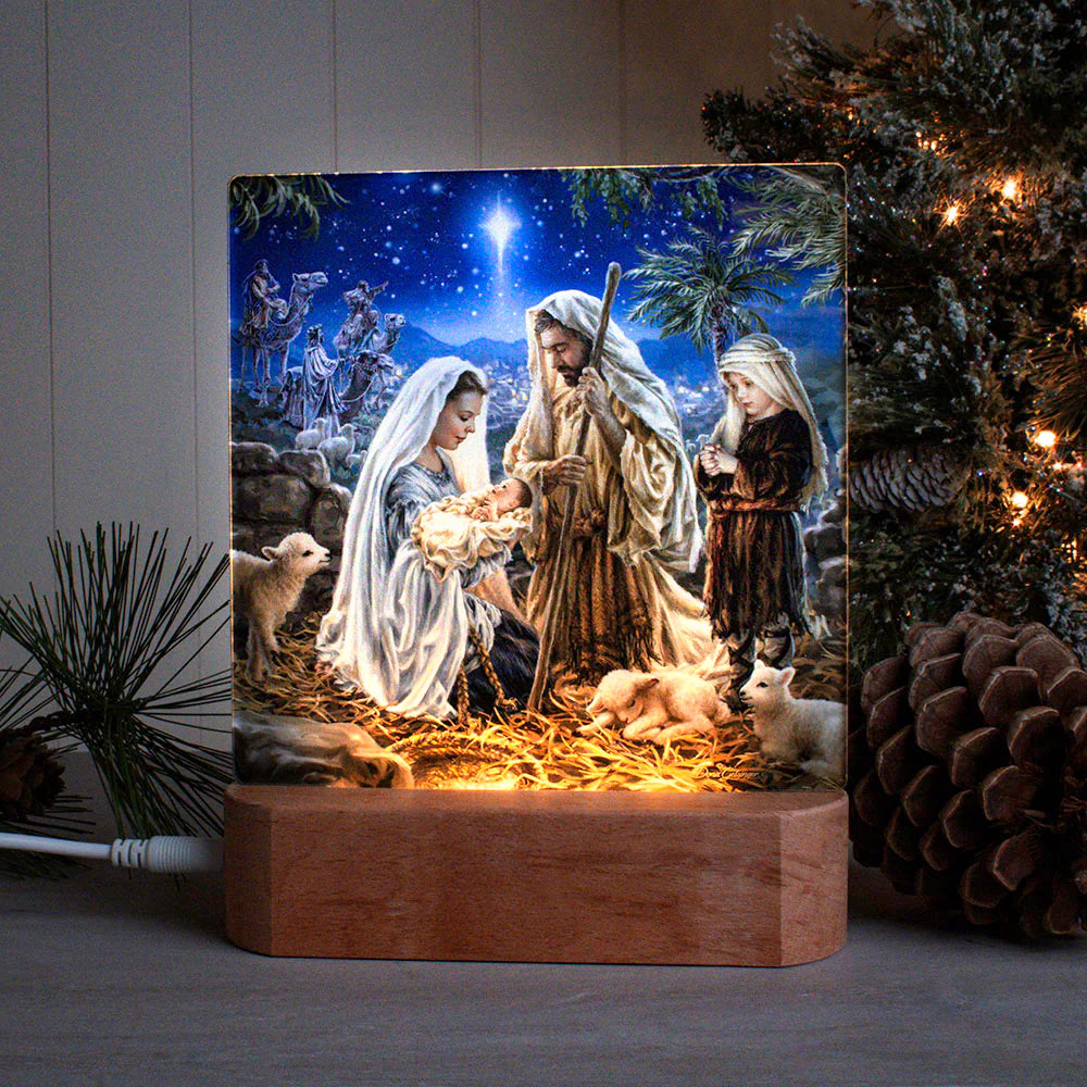 Let Us Adore Him tabletop ornament plaque nightlight featuring nativity scene with Mary, Joseph, baby Jesus, and animals