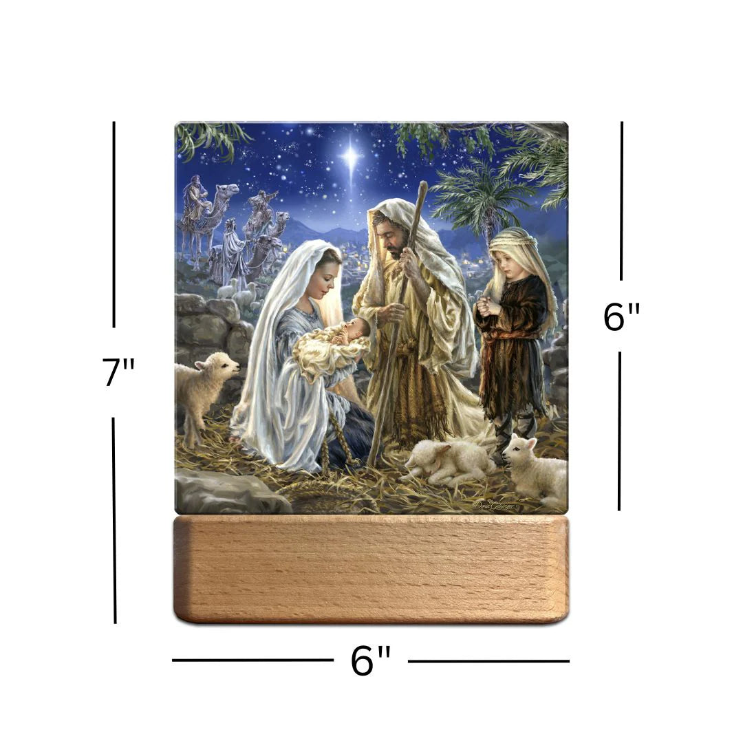 Nativity scene tabletop plaque nightlight with Mary, Joseph, baby Jesus, and shepherd under bright star on wooden base