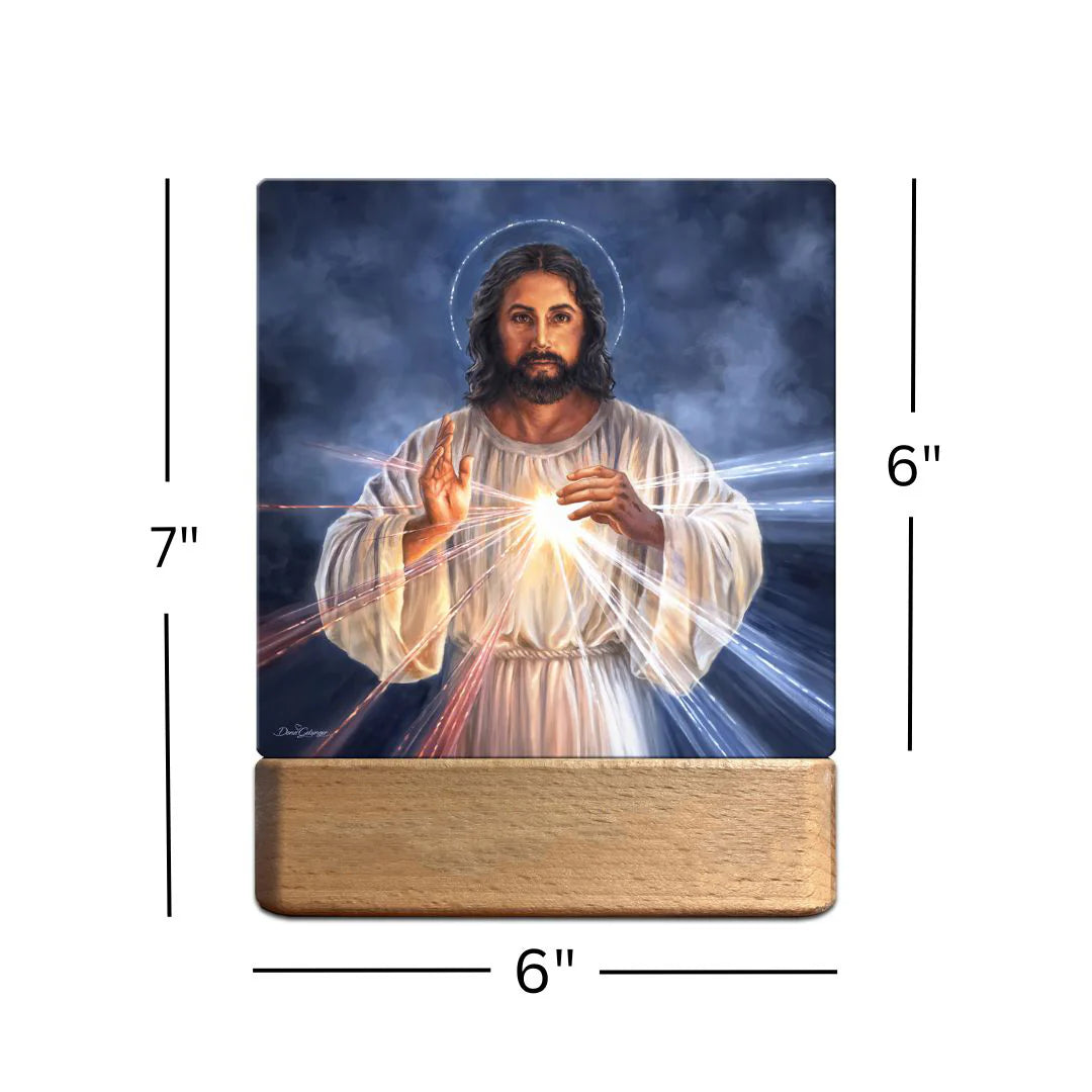 7" Divine Mercy LED night light with illuminated Jesus image and natural wooden base in detailed artwork style