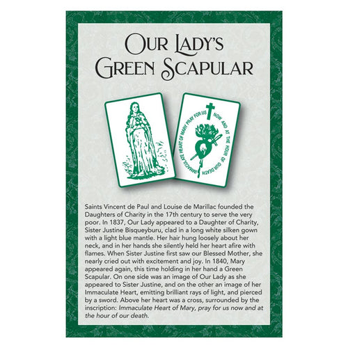 Two-sided cordless green scapular with illustrated images of Our Lady and Immaculate Heart, printed story card included