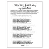 Celebrating Advent with Jesse Tree activity card featuring full-color interactive stickers and educational Catholic faith content