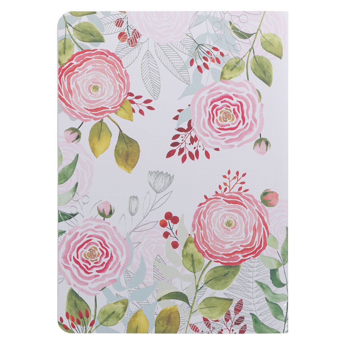 Large pink floral notebook with watercolor roses and green leaves on white background