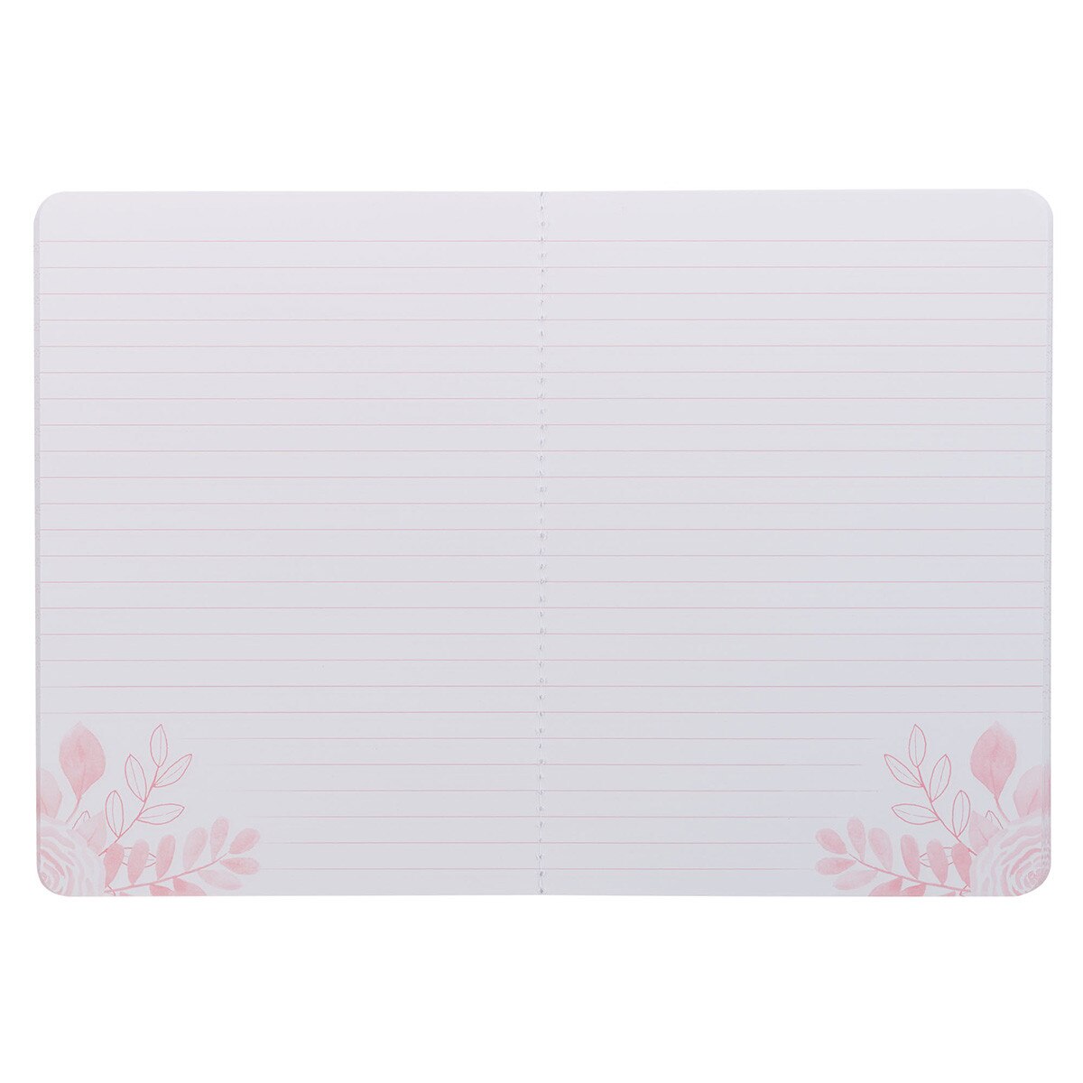 Open pink floral large notebook with lined pages and delicate flower illustrations in corners