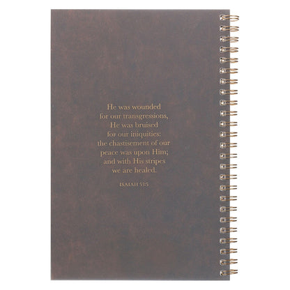 Brown spiral notebook with Isaiah 53:3 scripture in gold text and sturdy PVC cover frame