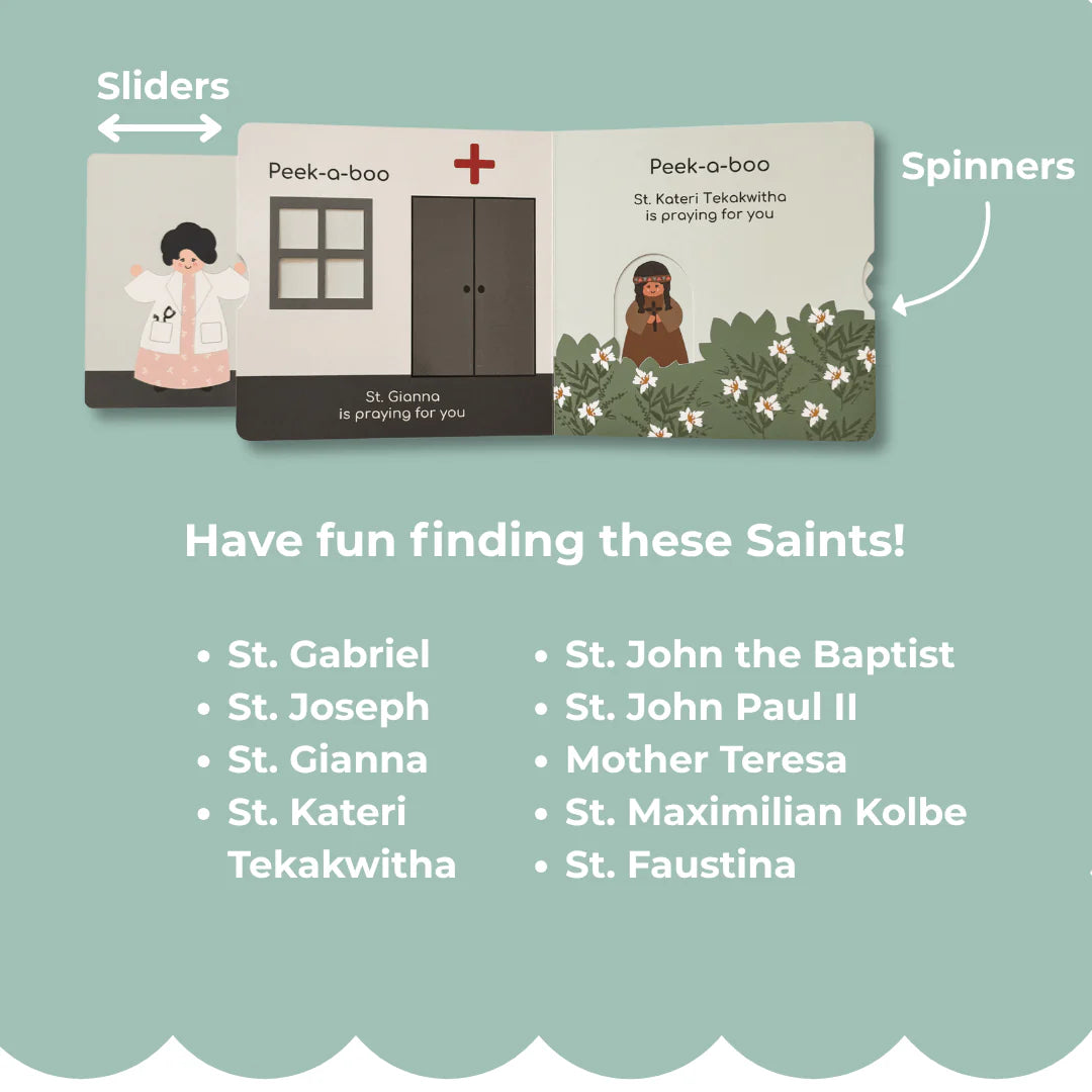 Open Peek-a-boo Saints 2 Catholic board book showing interactive sliders and spinners with saint illustrations