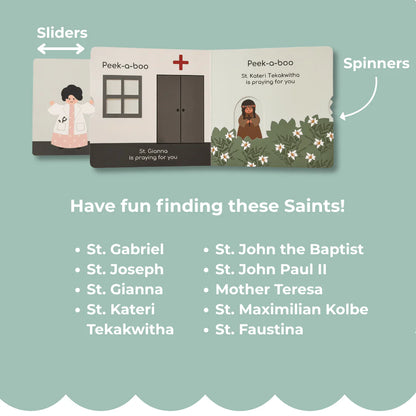 Open Peek-a-boo Saints 2 Catholic board book showing interactive sliders and spinners with saint illustrations