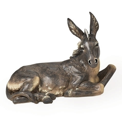 Seated donkey Christmas nativity figurine in earthy tones with detailed hand-painted features, 39" scale.