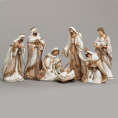 7-piece Nativity set with gold rope trim, fabric-look finish, featuring Mary, Joseph, baby Jesus, shepherd, and three wise men