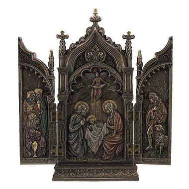 Nativity in the Cathedral Triptych statue in cold cast bronzed resin depicting the holy family with angels and shepherds