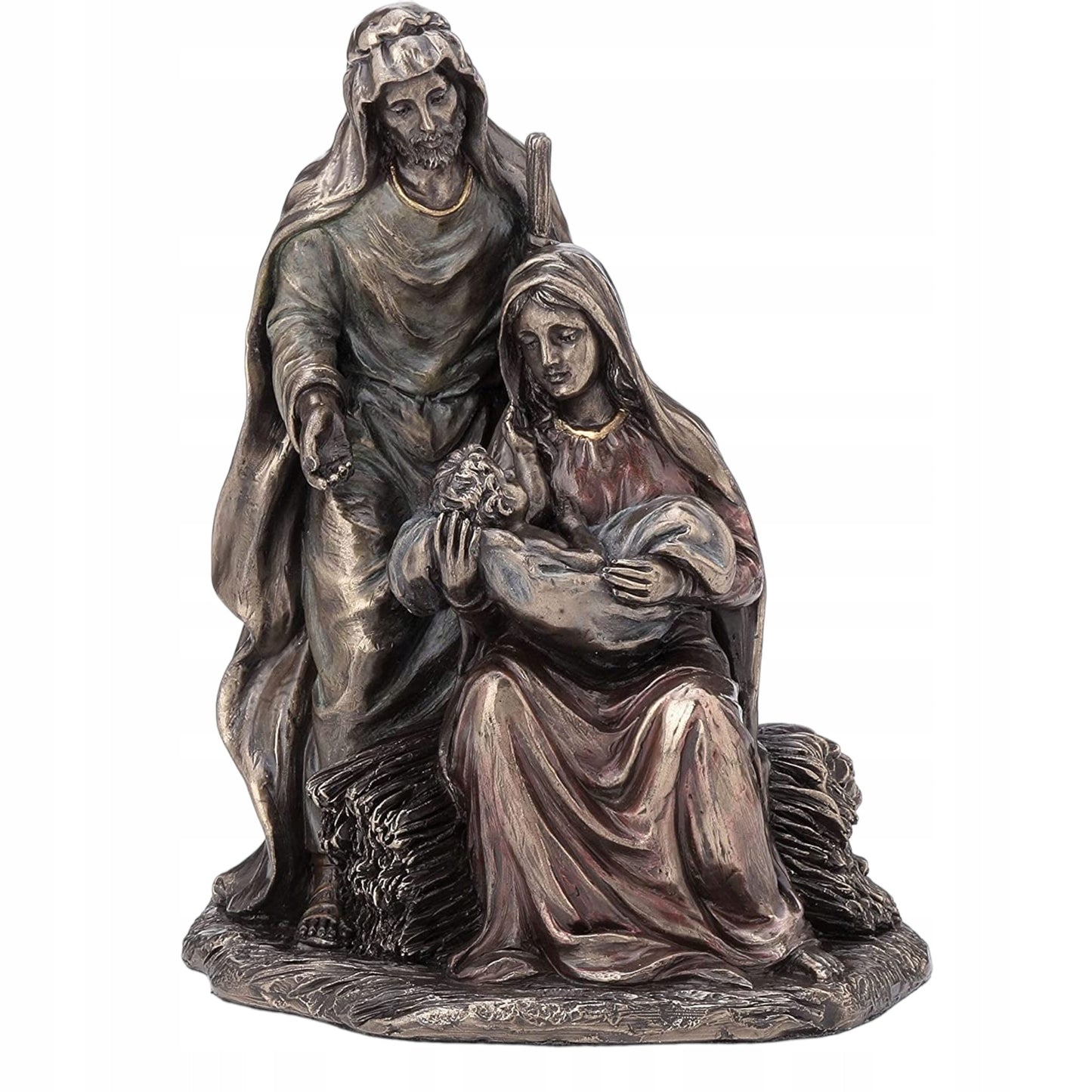 7.1" Holy Family Nativity bronze sculpture with detailed depiction of Mary, Joseph, and baby Jesus on a textured base