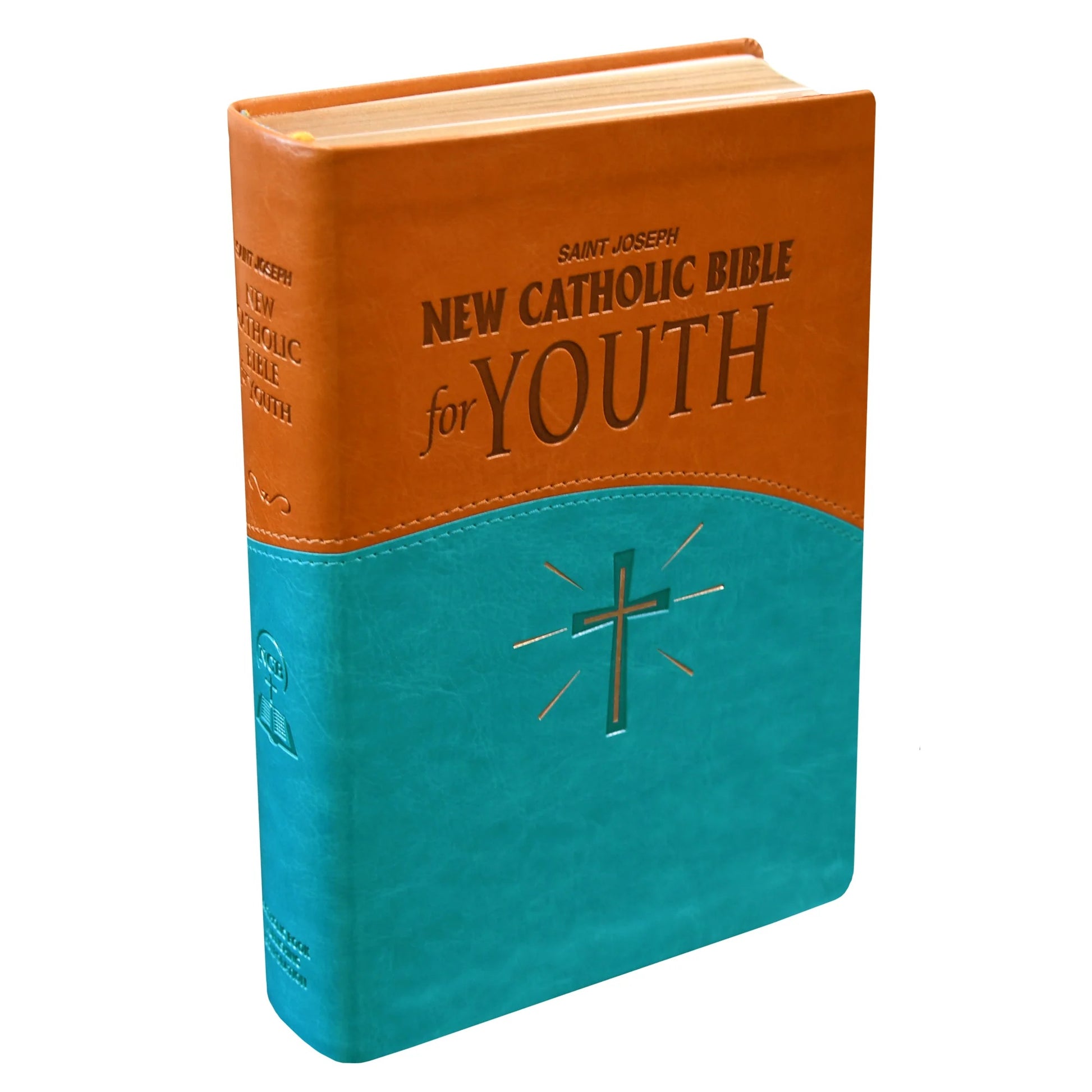 New Catholic Bible for Youth with brown and teal cover, embossed cross design, and reader-friendly edition