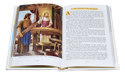 Open Catholic Picture Bible showing illustrated story of Jesus with carpenter Joseph and text from Old and New Testaments