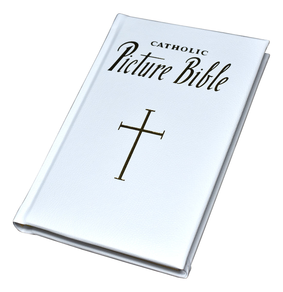 White hardcover Catholic Picture Bible with gold cross and elegant black lettering, popular Old and New Testament stories