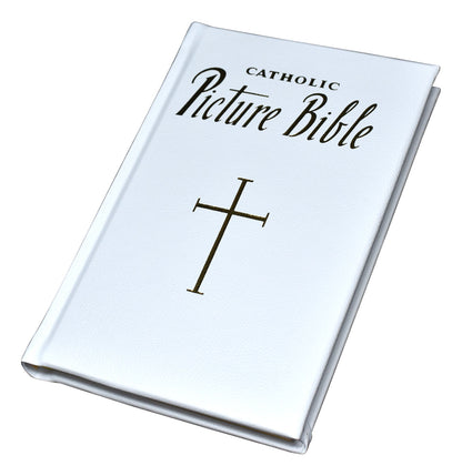 White hardcover Catholic Picture Bible with gold cross and elegant black lettering, popular Old and New Testament stories