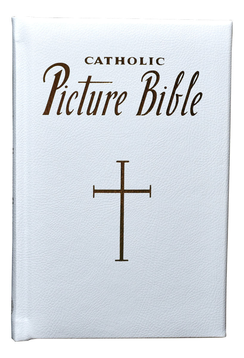 White hardcover Catholic Picture Bible with gold lettering and a simple cross on the front cover, family-friendly stories included