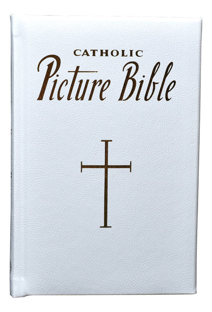 White hardcover Catholic Picture Bible with gold lettering and a simple cross on the front cover, family-friendly stories included