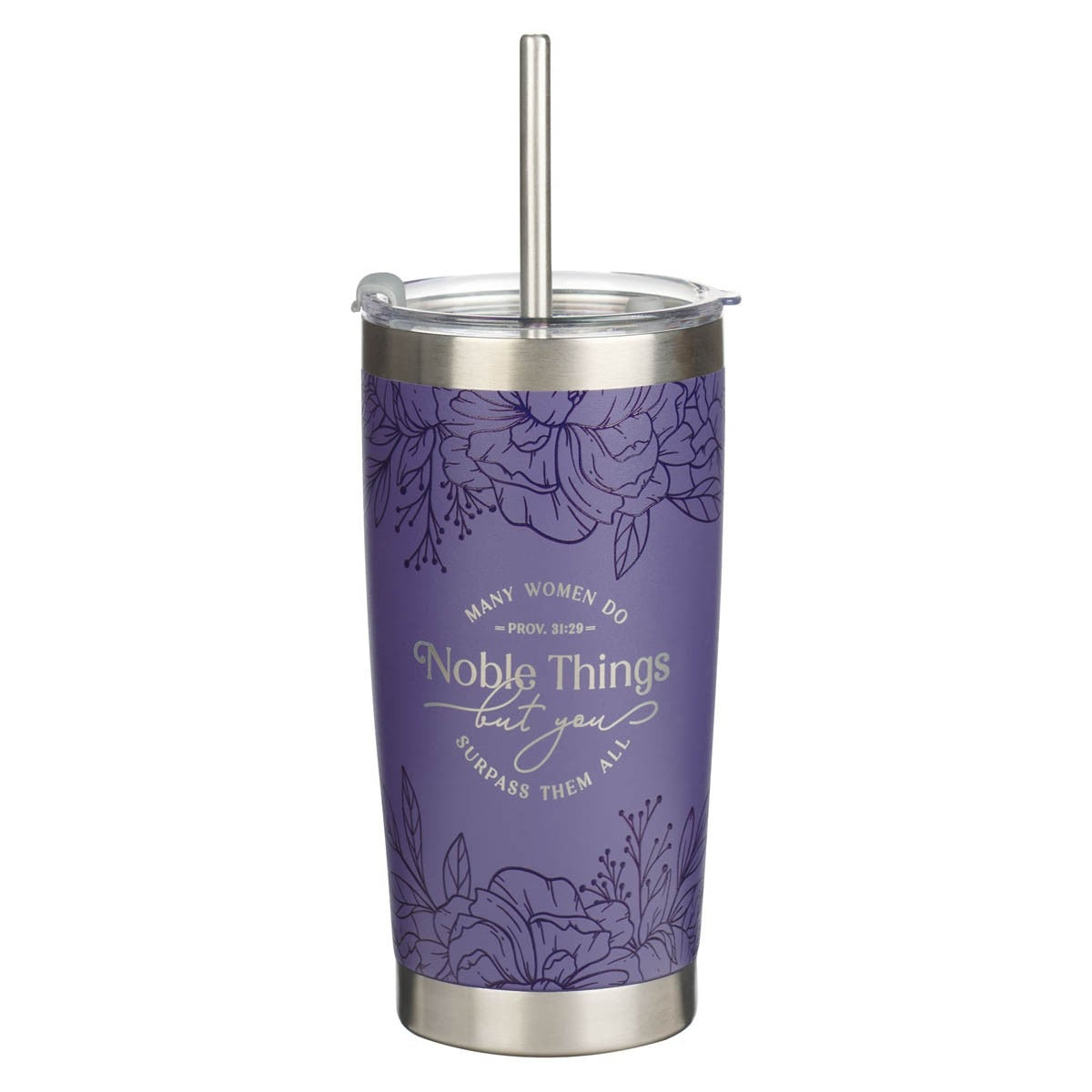 Lavender floral stainless steel tumbler with Proverbs 31:29 text, silver lid and straw on white background