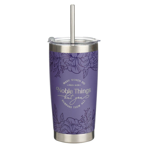 Lavender floral stainless steel tumbler with Proverbs 31:29 text, silver lid and straw on white background