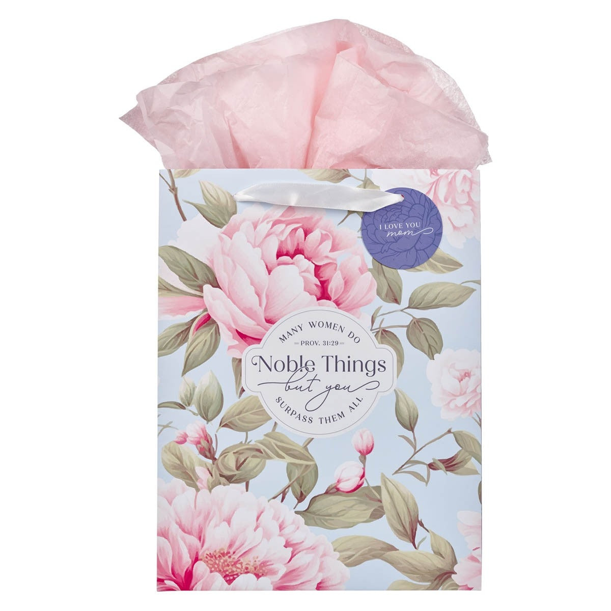 Large portrait gift bag with pink peony design, Proverbs 31:29 verse, and soft pink tissue paper topper