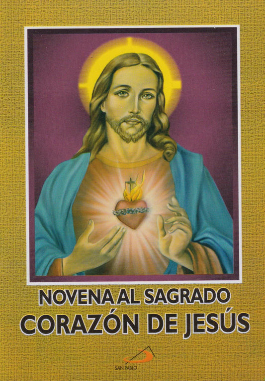 Novena booklet cover featuring Sacred Heart of Jesus with glowing halo and radiant heart on gold textured background