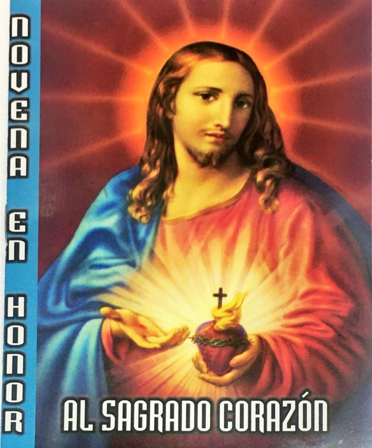 Novena En Honor Al Sagrado Corazon cover with sacred heart of Jesus illustration and radiant halo background