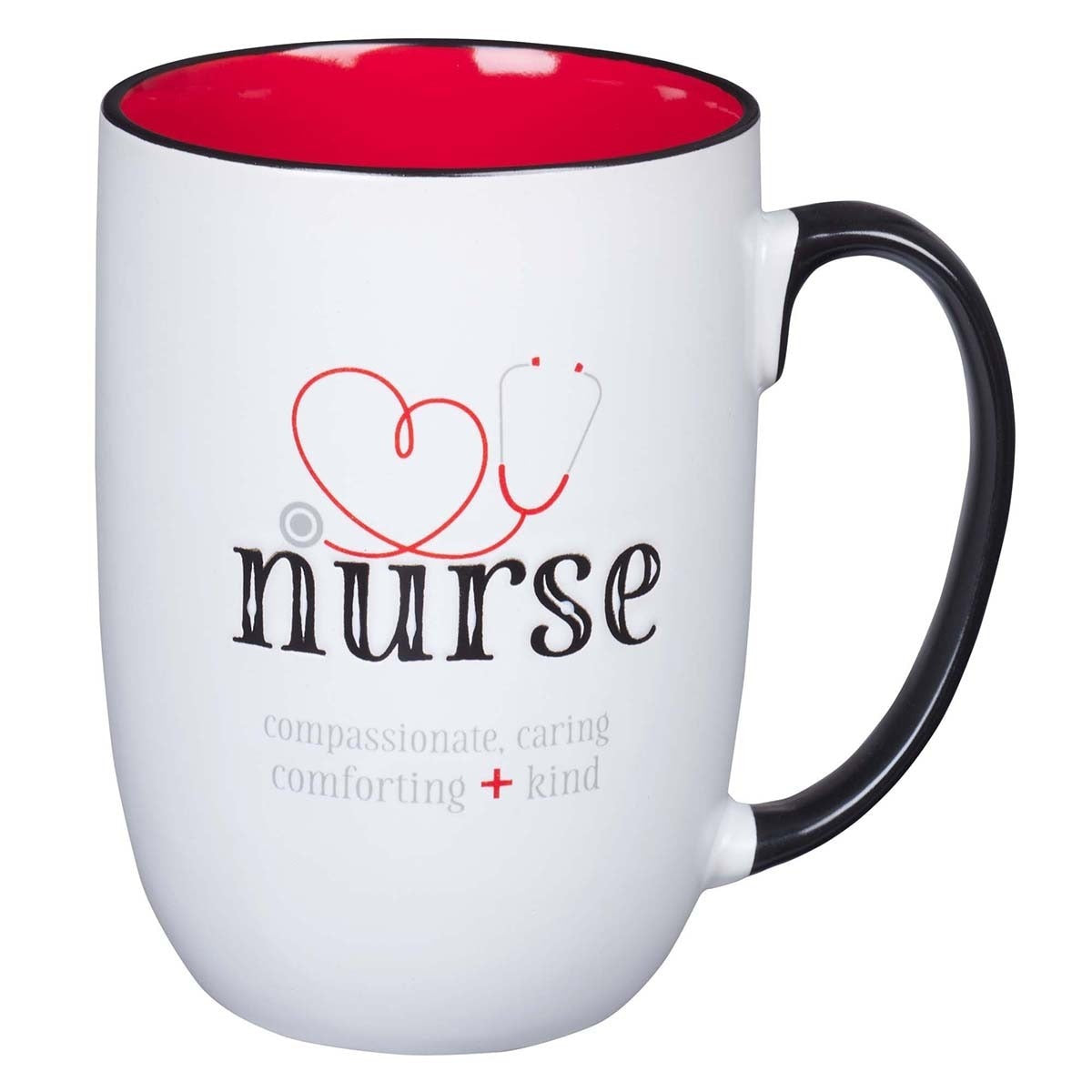 White ceramic nurse coffee mug with black handle, red interior, heart and stethoscope design, and inspirational nurse words