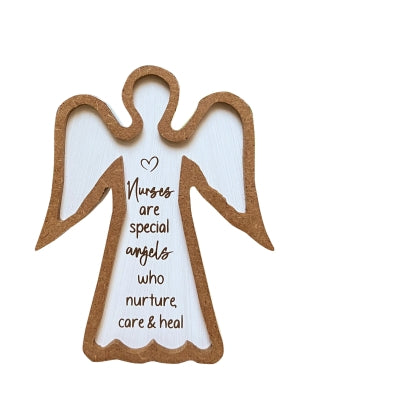 5" standing wooden angel decoration with nurse tribute text "Nurses are special angels who nurture care & heal