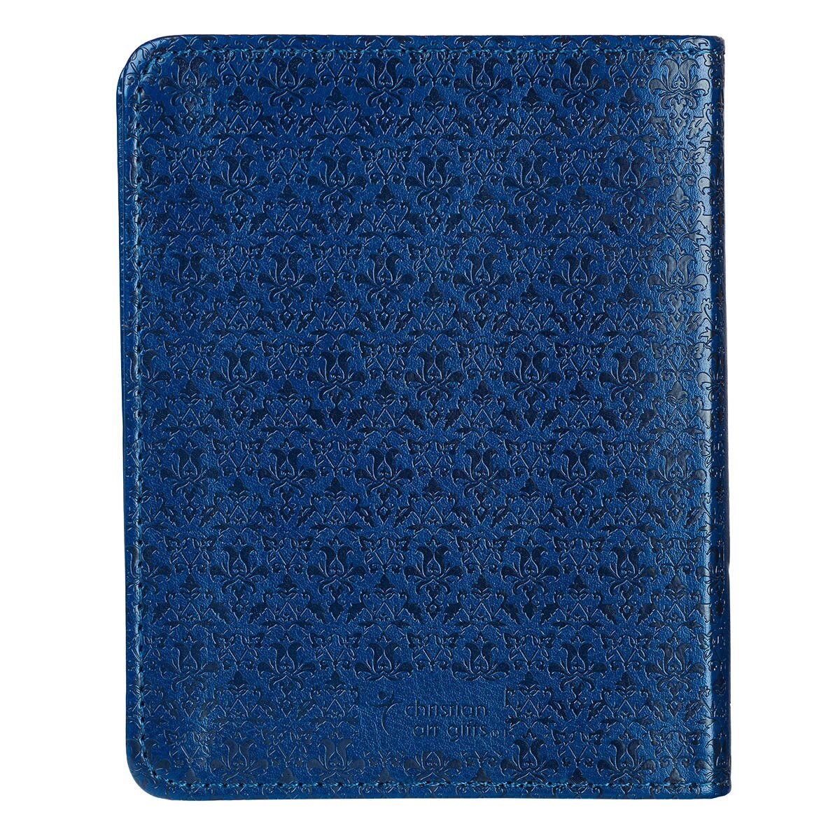 Navy blue faux leather cover of Faith’s Checkbook One-Minute Devotions with embossed decorative pattern