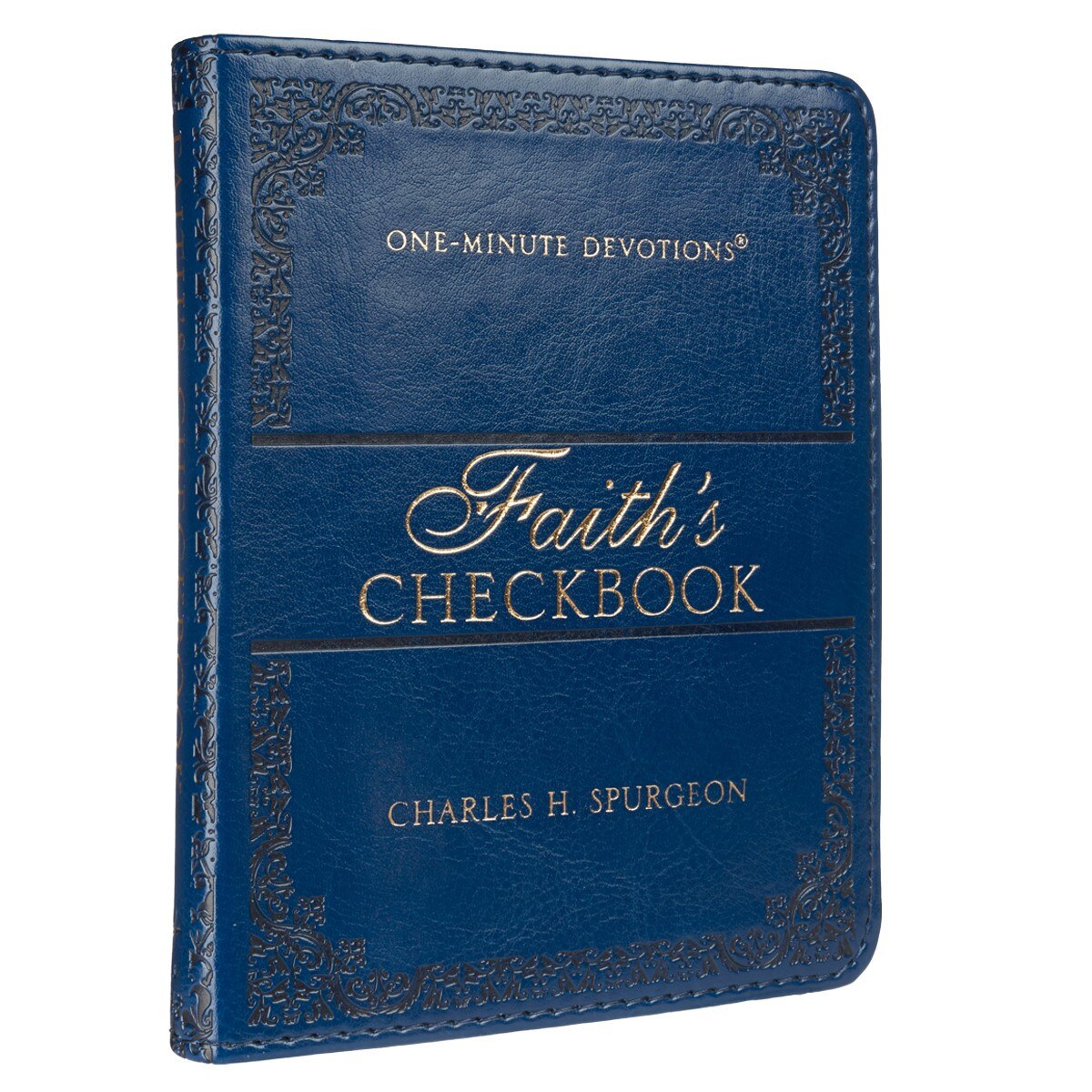 Navy blue faux leather book titled Faith's Checkbook One-Minute Devotions by Charles H. Spurgeon with embossed design