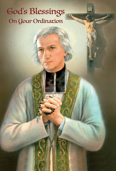 Greeting card with priest praying holding rosary and crucifix in background, text God's Blessings On Your Ordination