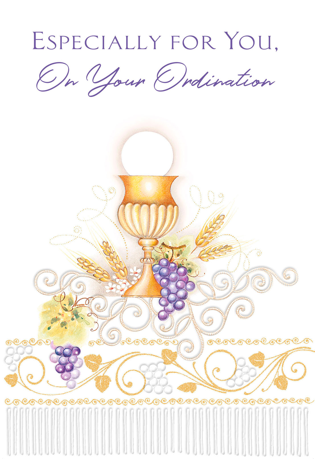 4 5/8" x 6 3/4" ordination greeting card with embossed chalice, grapes, wheat, and scripted text Specially for You On Your Ordination