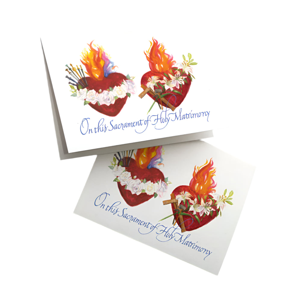 On This Sacrament of Holy Matrimony greeting card featuring flaming sacred hearts with floral and crown of thorns accents