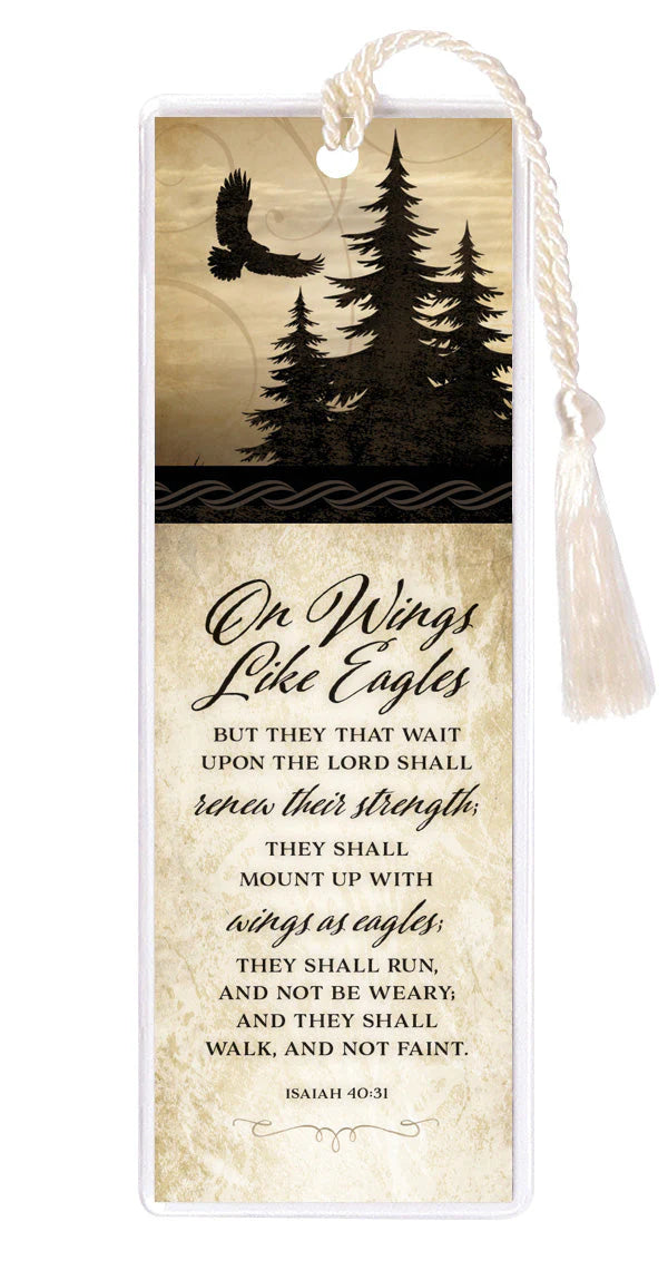 Rectangular tasseled bookmark with silhouette of eagle and trees and Isaiah 40:31 scripture verse in decorative script