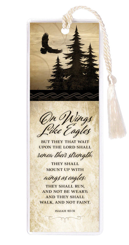 Rectangular tasseled bookmark with silhouette of eagle and trees and Isaiah 40:31 scripture verse in decorative script
