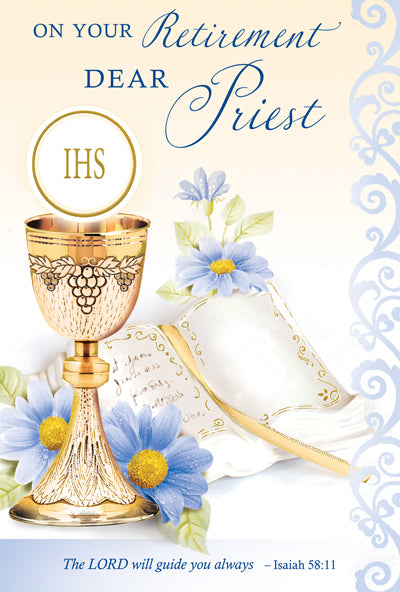 4 5/8" x 6 3/4" retirement card for priest with gold foil chalice, blue flowers, open Bible, and embossed details