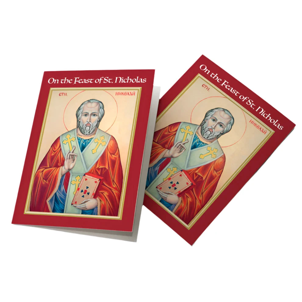 St. Nicholas Feast Day card with traditional icon artwork, red border, and gold accents celebrating December 6th feast day.