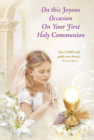 4 5/8" x 6 3/4" First Holy Communion card featuring praying girl, gold foil chalice, grapes, wheat, and floral design