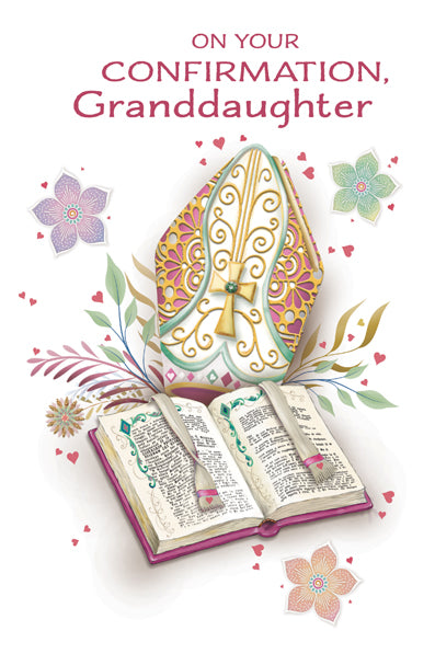 4 5/8" x 6 3/4" Confirmation granddaughter card with gold foil bishop’s mitre, open Bible, and floral accents