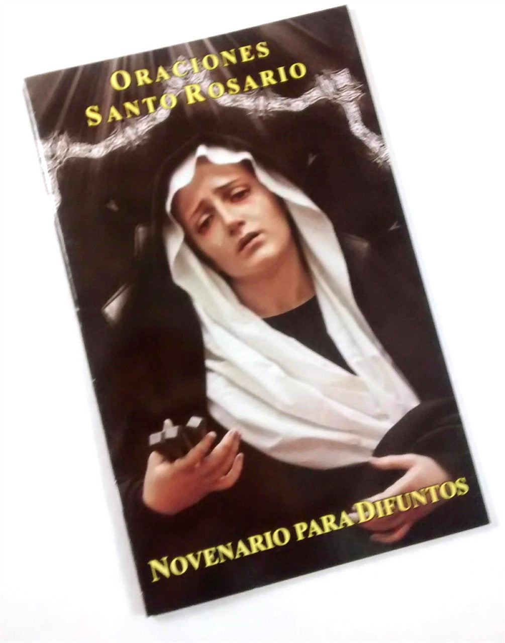 5.5" x 8.5" pocket prayer book with rosary prayers and novena for the deceased, featuring a sorrowful Virgin Mary image